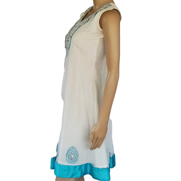 White Beaded A Line Sun Dress Women's XS Sleeveless Teal Trim Lined Netted - Picture 10 of 12